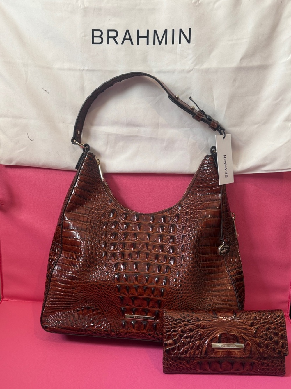 Brahmin Brown Croc-Embossed Shoulder Bag with Matching Wallet